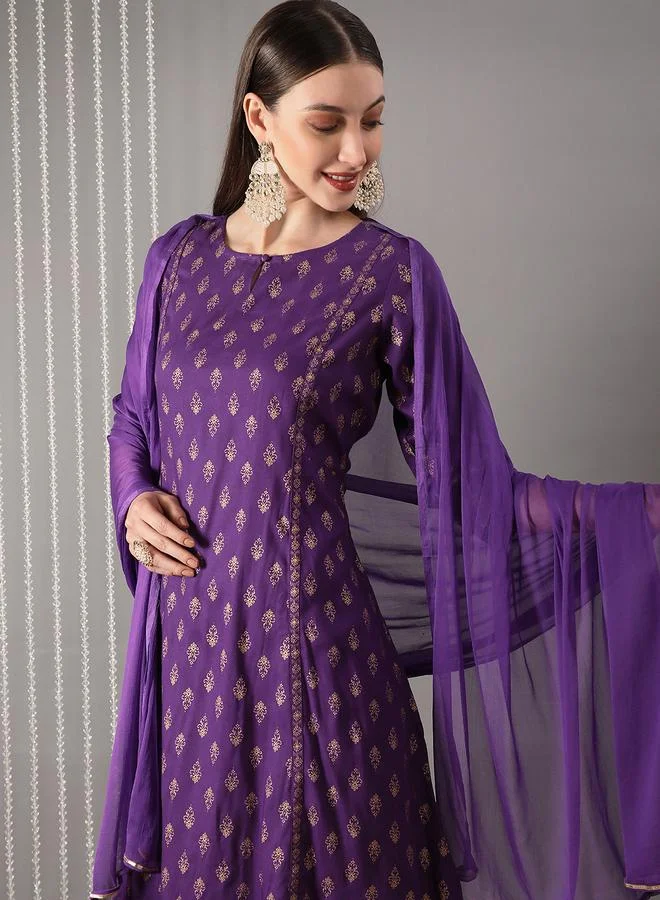 Globus  Women Purple A-Line Kurta with Pant and Dupatta Set for Women | Best Price UAE